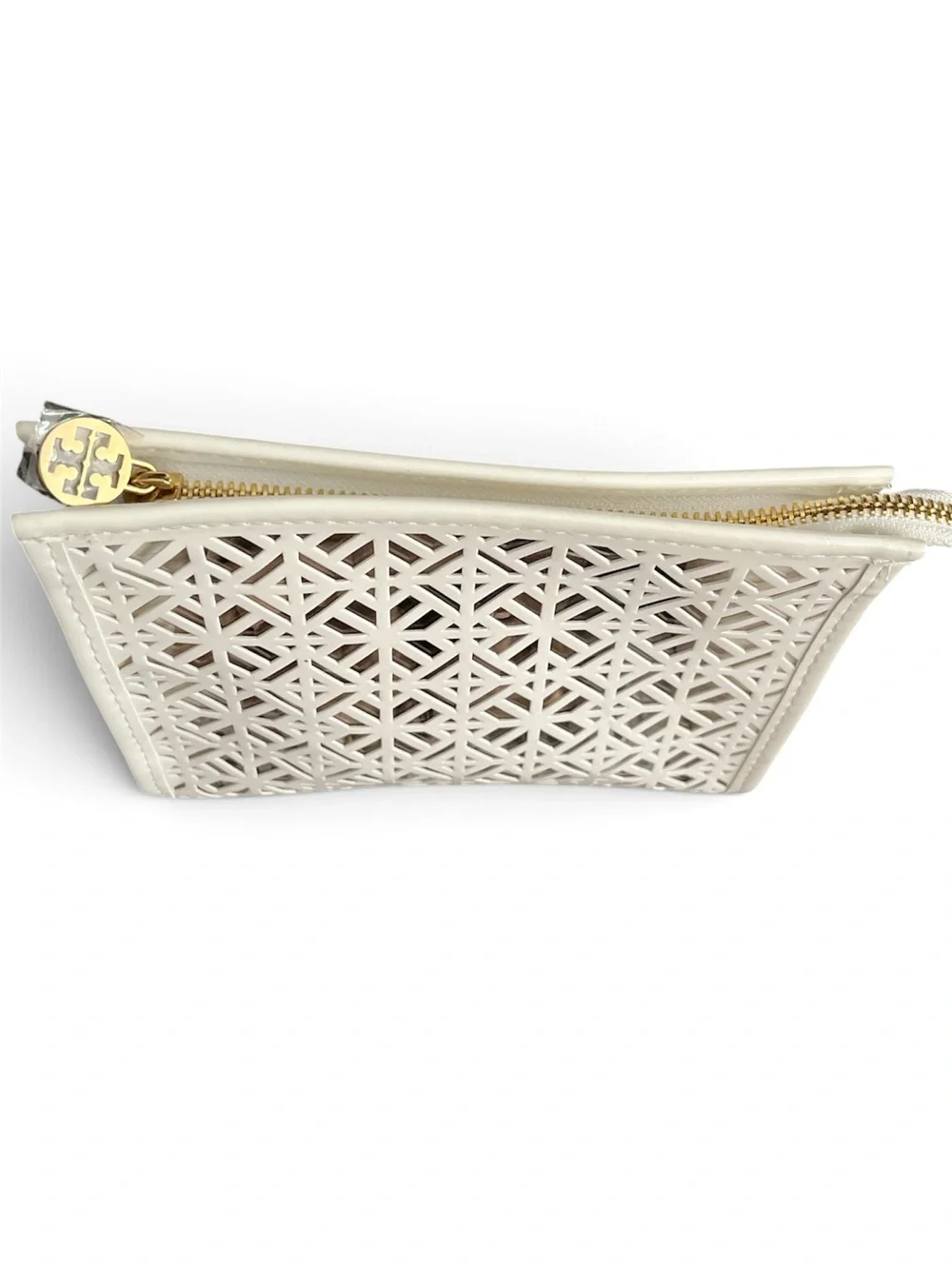 Tory Burch Ivory Laser-Cut Leather Makeup Pouch